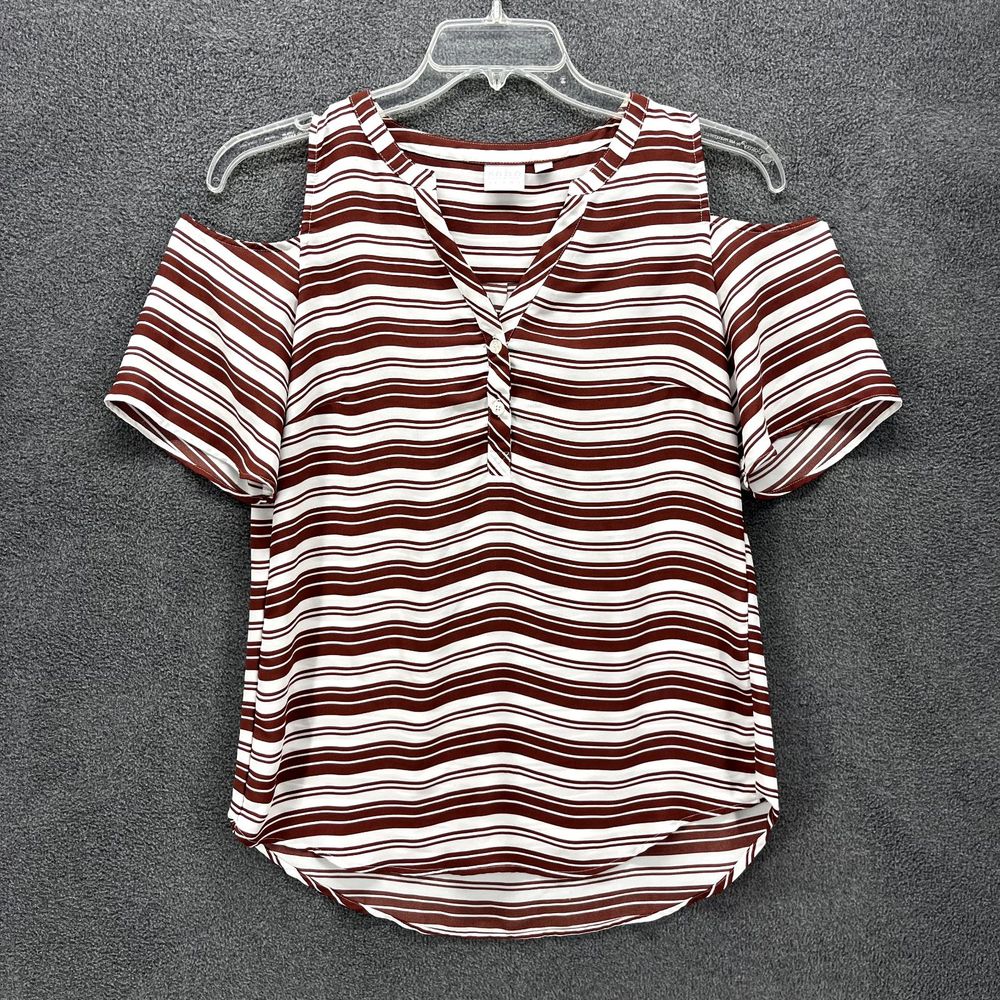 Soho Jeans NY & Co Top Womens Small Red White Striped Short Sleeve Cold Shoulder